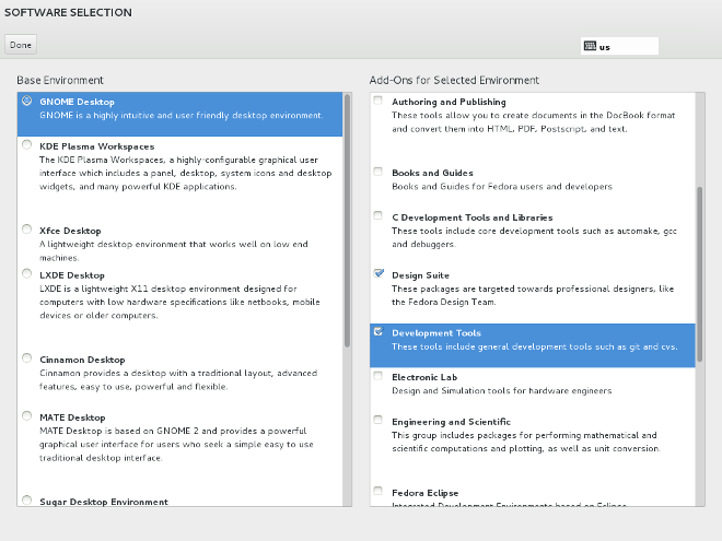 Fedora's Software Selection spoke in Anaconda